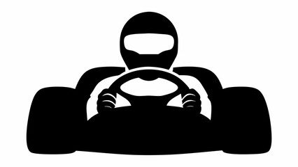 Silhouette of a go kart racer with helmet and steering wheel in black and white illustration style
