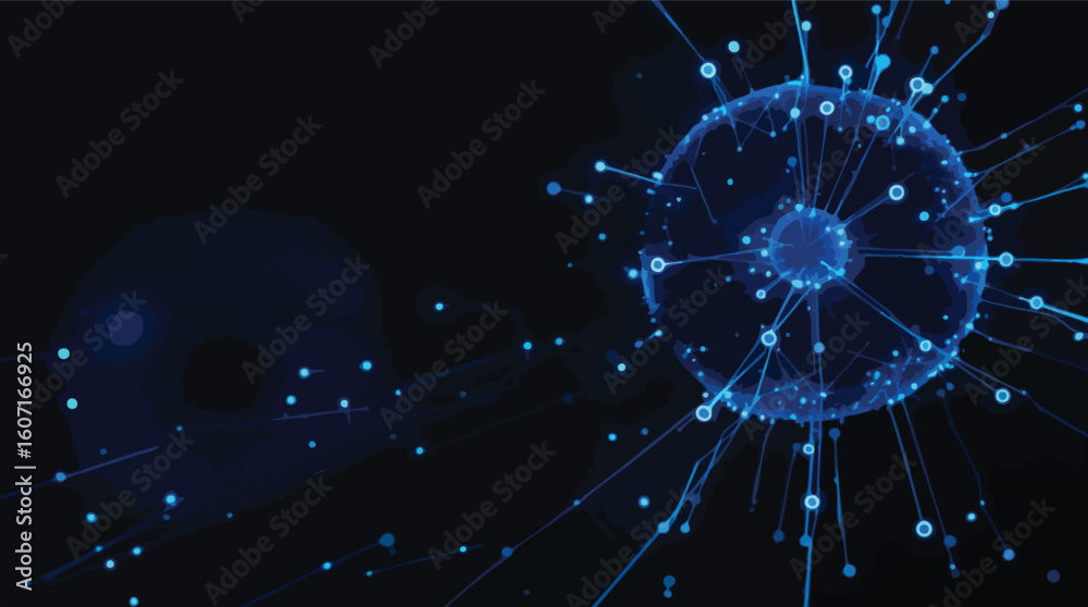 Poster Abstract digital network visualization of interconnected data and communication structure on black background.