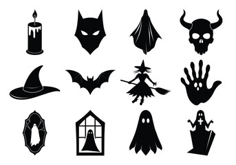 Collection of halloween icons silhouette isolated on white background