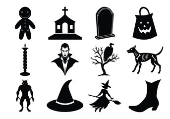 Collection of halloween icons silhouette isolated on white background