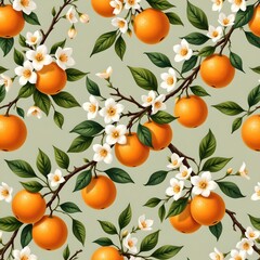 seamless repeating pattern of orange tree twigs with blooming white flowers, baby oranges, and green foliage on muted sage background, vintage botanical style