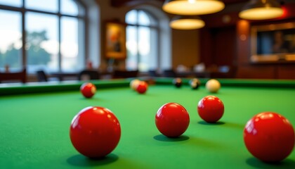 snooker table with vibrant red balls and a black ball in the foreground, green felt texture clearly visible, blurred cues and balls in background, professional indoor scene