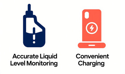 The deep blue oil bottle and red charging icon represent precise liquid level monitoring and convenient charging, used for automotive liquid level management and equipment charging scenarios.