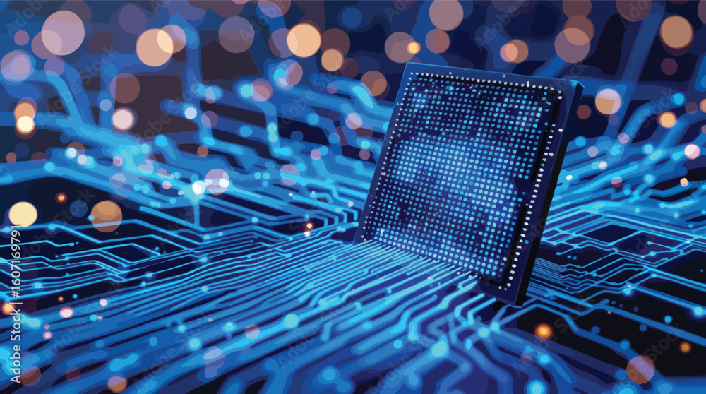 Poster Digital processor circuit board with data flow and bokeh effects illustrating technology advancement.