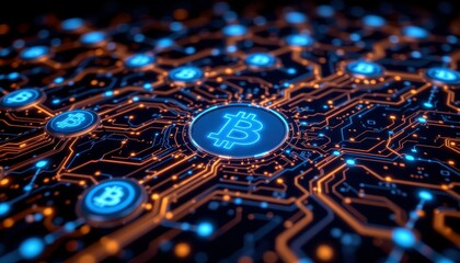 Fototapeta premium Digital currency network virtual space infographic technology close up view of a bitcoin circuit