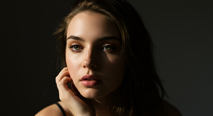 Fototapeta premium Portrait of a beautiful young woman with natural makeup in dramatic lighting
