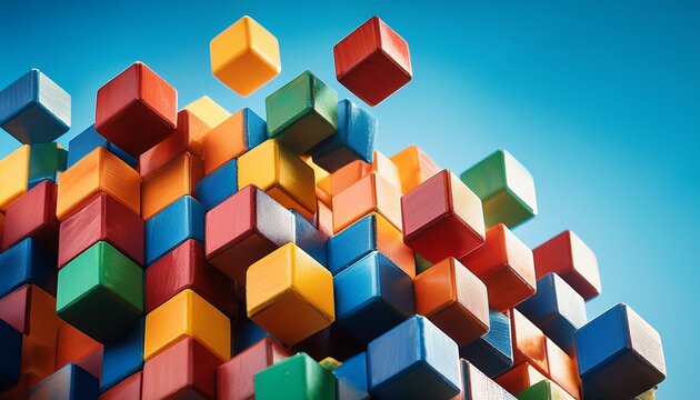 colorful cubes falling into place completing a modular structure
