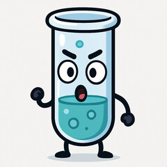 An expressive illustration of a glass test tube, filled with a bubbling blue liquid, and personified with an angry, wide-eyed expression
