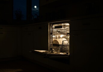 An open dishwasher with the racks inside, illuminated by a warm, golden light in a dark kitchen.