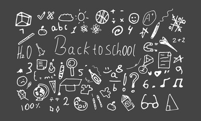 Back to school handdrawn stickers, black background