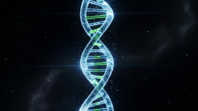 Glowing Blue And Green Dna Helix Rotating In Dark Space Background