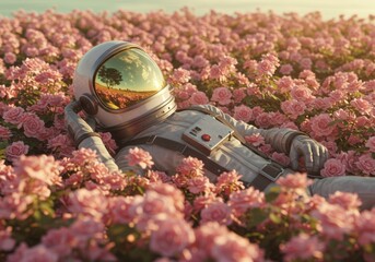 A surreal and poetic image of an astronaut resting peacefully in a field of blooming pink roses, with the clear reflection of a natural landscape in the helmet's visor.