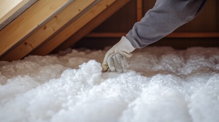 Person installing insulation in attic