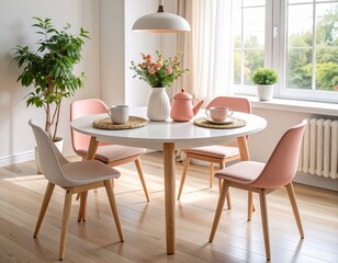 Minimalist midcentury dining space with round white oak table, pastel coral kettle