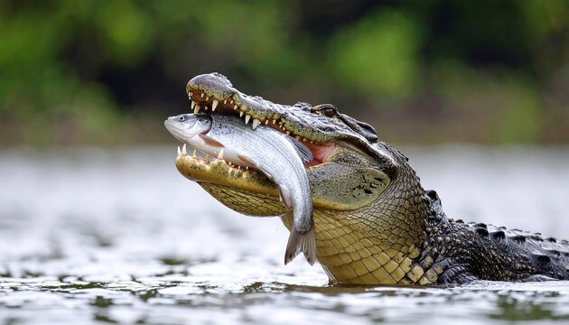 A crocodile in its aquatic habitat devouring a captured fish with sharp teeth and scales predator