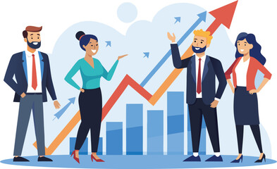 Business team celebrating success with upward trending graph