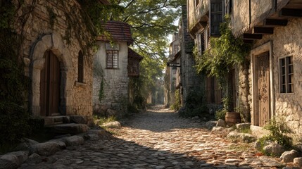 Charming Cobblestone Path Through an Old European Village Scene