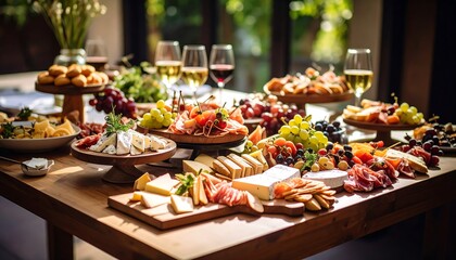 A delectable charcuterie spread featuring artisan cheeses cured meats and fresh fruits is artfully