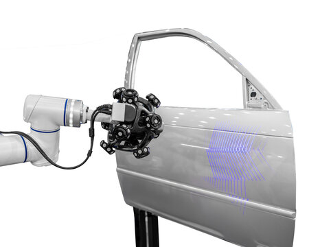 Close up high technology and accuracy equipment robot arm with laser portable 3d scan during inspection automotive part isolated on white background. (With Clipping Path)
