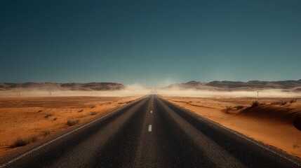 Naklejka premium Expansive Desert Road Stretching to the Horizon Amidst Heat Waves