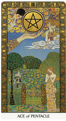 Symbolist painter style of tarot card illust Ace of Pentacles