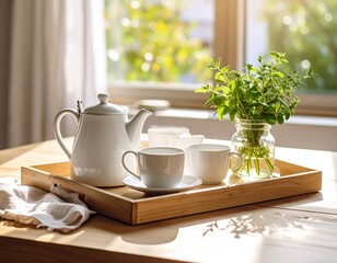 Rustic breakfast table with wooden farmhouse tray holding matte white kettle, ceramic