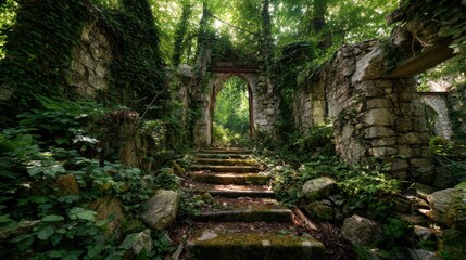 Forgotten Ancient Ruin Overgrown by Nature in a Serene Forest Setting