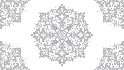 Repeating pattern of intricate, symmetrical gray mandala designs on white background