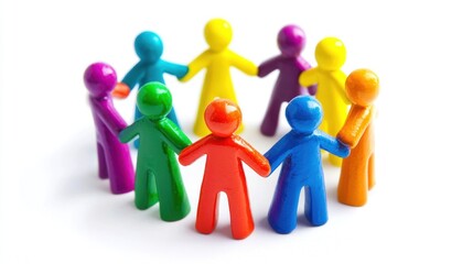 A group of colorful toy figures in a circle, holding hands, with a white background.