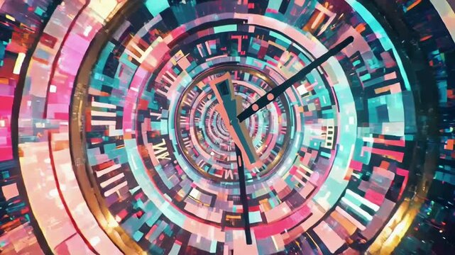 Glitching spinning clock, frozen time distortion effect, exploding colorful abstract vortexes looping ring shapes, futuristic time collapse, surreal concept, colorful patterns, VHS glitch digital 4k