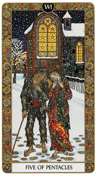 Symbolist painter style of tarot card illust Five of Pentacles