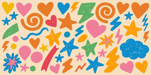 Collection of funky crayon-drawn doodles, geometric shapes, naive lines, and primitive figures. Hand-drawn vector stickers.