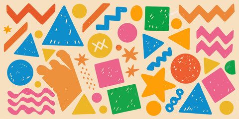 Collection of funky crayon-drawn doodles, geometric shapes, naive lines, and primitive figures. Hand-drawn vector stickers.
