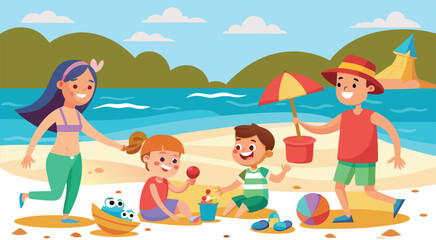 Happy children enjoying a sunny day at the beach together