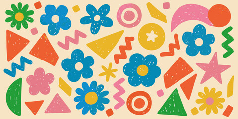 Collection of funky crayon-drawn doodles, geometric shapes, naive lines, and primitive figures. Hand-drawn vector stickers.