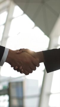 Two business professionals from different backgrounds meet and shake hands in a modern office environment. This moment signifies the start of a new partnership and collaboration