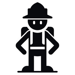 Black and White Firefighter Icon with Helmet and Backpack Illustration Standing Proudly