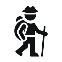 Black and White Icon Depicting a Hiker With a Backpack and Walking Stick Illustration
