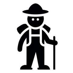 Black Glyph Icon Depicting a Hiker with Backpack, Hat, and Walking Stick Illustration