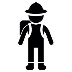 Black Silhouette of Person with Safari Hat and Backpack, Isolated on White