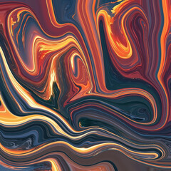Fluid swirl artwork in rich amber, navy, and gold tones, evoking the movement of flames and water in an energetic and elegant abstract flow