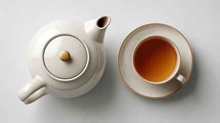 Teapot and Tea Cup on Saucer, Overhead View