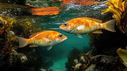 Tidal energy generators anchored beneath calm coastal waters with marine life and reflections above