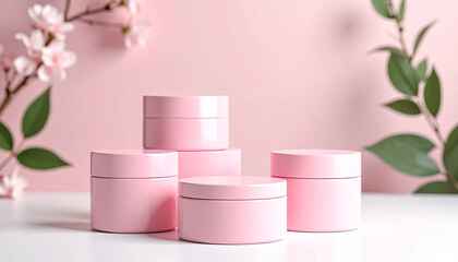 Cosmetic jar and box on pink background product packaging for beauty and skincare
