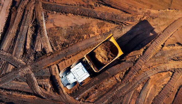 aerial view directly above an industrial dumper truck or earth mover vehicle with muddy soil and tire tracks in the construction industry on a brownfield