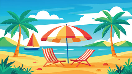 Obraz premium Tropical beach scene with palm trees and beach chairs