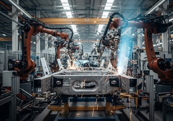 Fototapeta premium Robotic Welding of Car Chassis in Modern Factory.