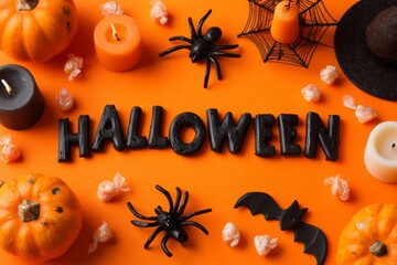 Halloween decorations with pumpkins, candles, and spider on orange background