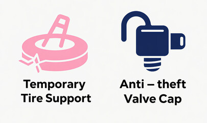 Fototapeta premium The pink tire bracket and deep blue valve cover icon represent temporary tire support and anti-theft valve cover, used for emergency tire and valve anti-theft scenarios.