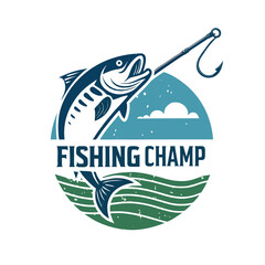 Fishing T-Shirt Design with Fish Icon and Logo – Vintage Angler Graphic, Outdoor Sport Print, Retro Fishing Emblem for Apparel, Merchandise, Branding, or Badges

